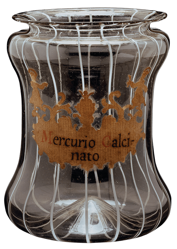 vessel with white vertical stripes. Text on old paper reads Mercurio Calcinato