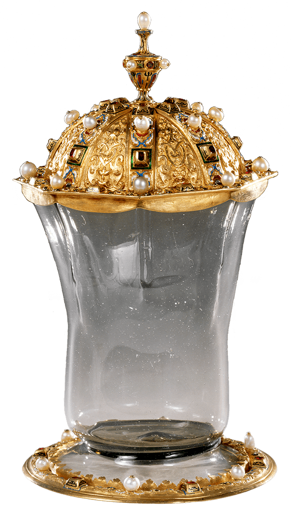 clear vessel with elaborate gold and pearl base and top
