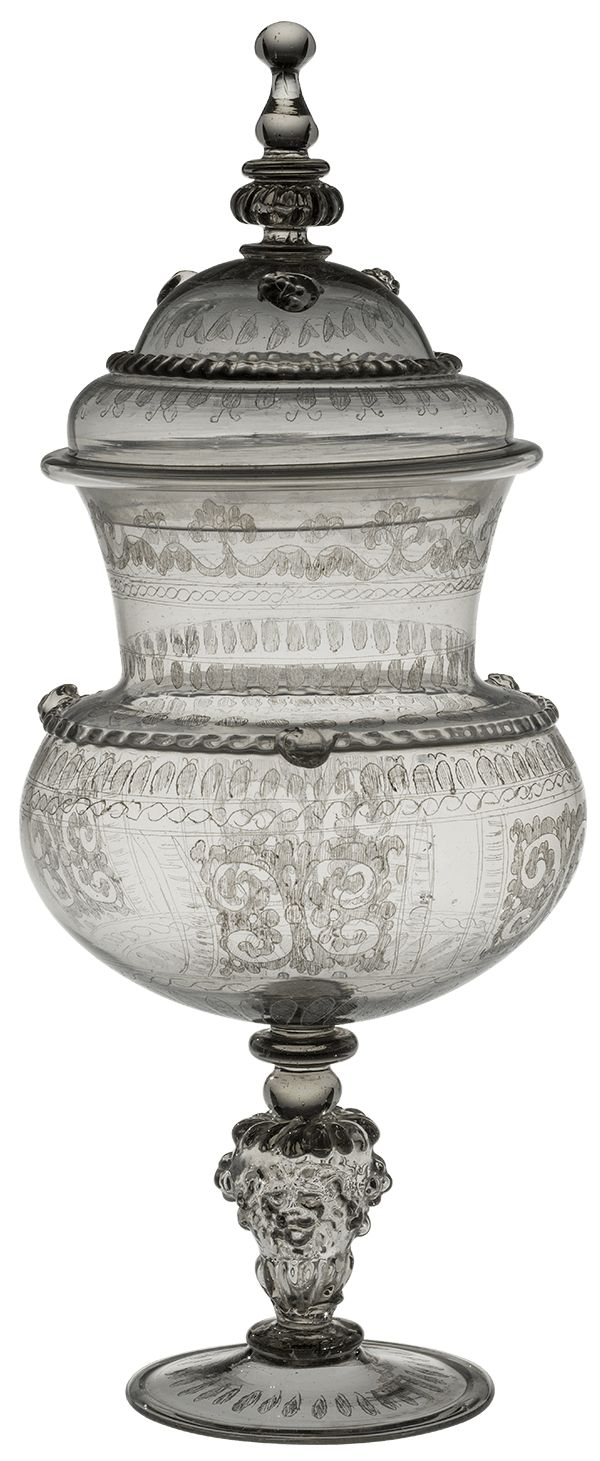 clear lidded vessel, etched