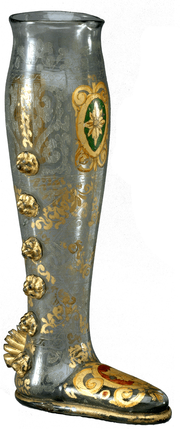 boot-shaped clear vessel with gold decoration