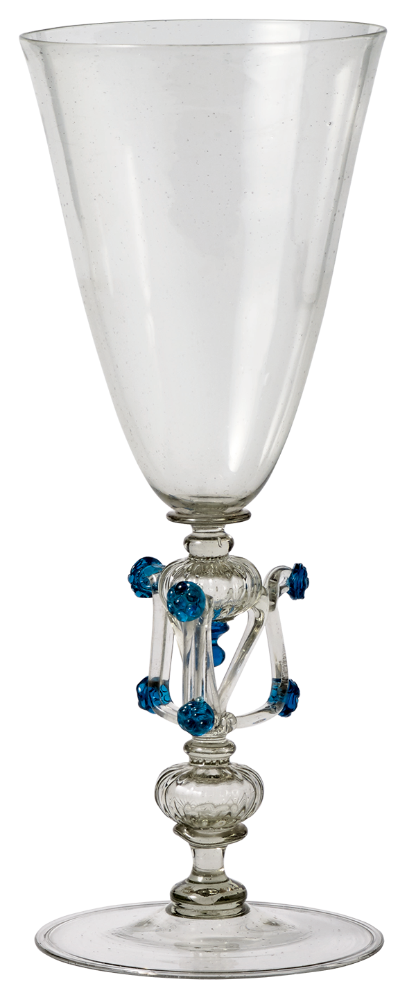 clear goblet with blue loops on stem