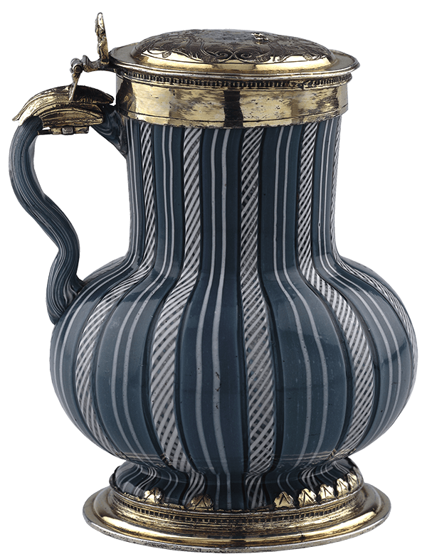 glass pot with stripes and hinged brass lid