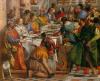 Detail of painting depicting huge wedding feast. Detail highlights glass vessel