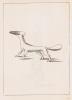 Black and white sketch of a vessel shaped like a standing dog with the bowl for its head