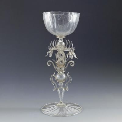 Glass chalice with twisted, serpent-shaped stem