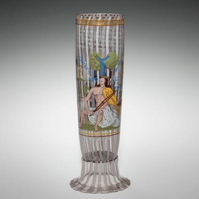 Clear glass beaker with enameled decoration depicting Apollo seated on Mount Parnassus in Greece