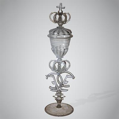 elaborate clear glass covered goblet with crown design
